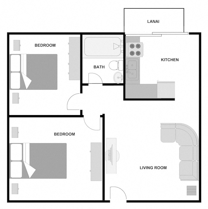 Floor plan for 2 beds, 1 bath, 800 sqft